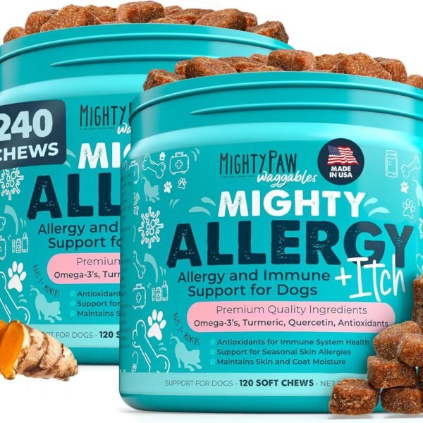 Mighty Paw Waggables Allergy Immune + Itch (Made in The USA) 2 Pack -Dog Chews Anti-Itch for Dogs. Allergy Support Vitamins for Skin and Coat Allergies. Omega 3 & Quercetin for Pets